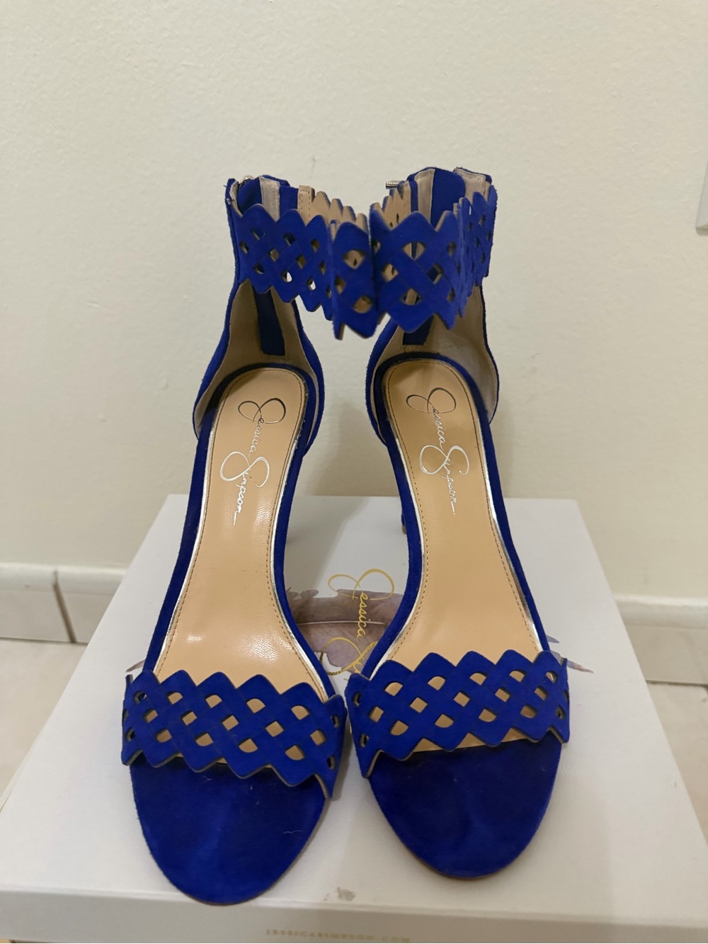 Jessica Simpson Cobalt Blue Lattice Ankle-Strap Heels